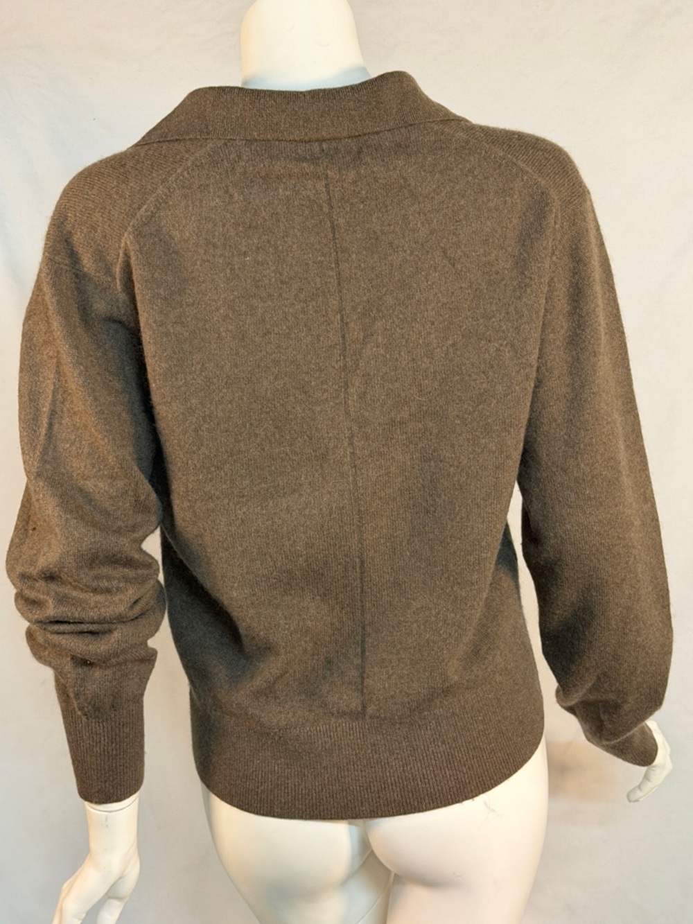 White + Warren Brown Cashmere Collared V-Neck Sweater with Layered Plum Top - Picture 5 of 9